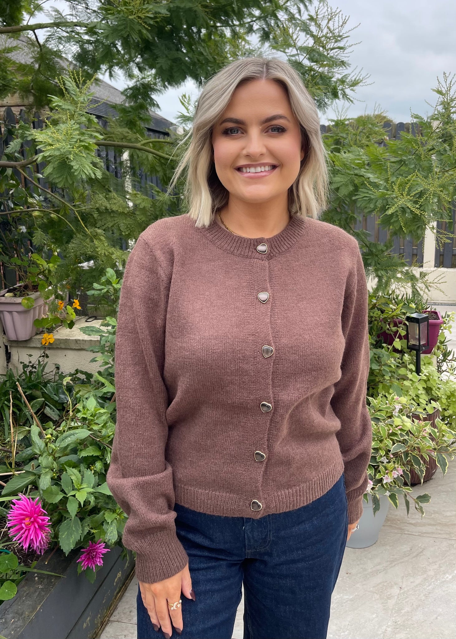 Caitlin Heart-Button Cardigan Brown