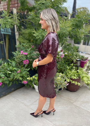 Rosalia Sequin Wrap Midi Burgundy