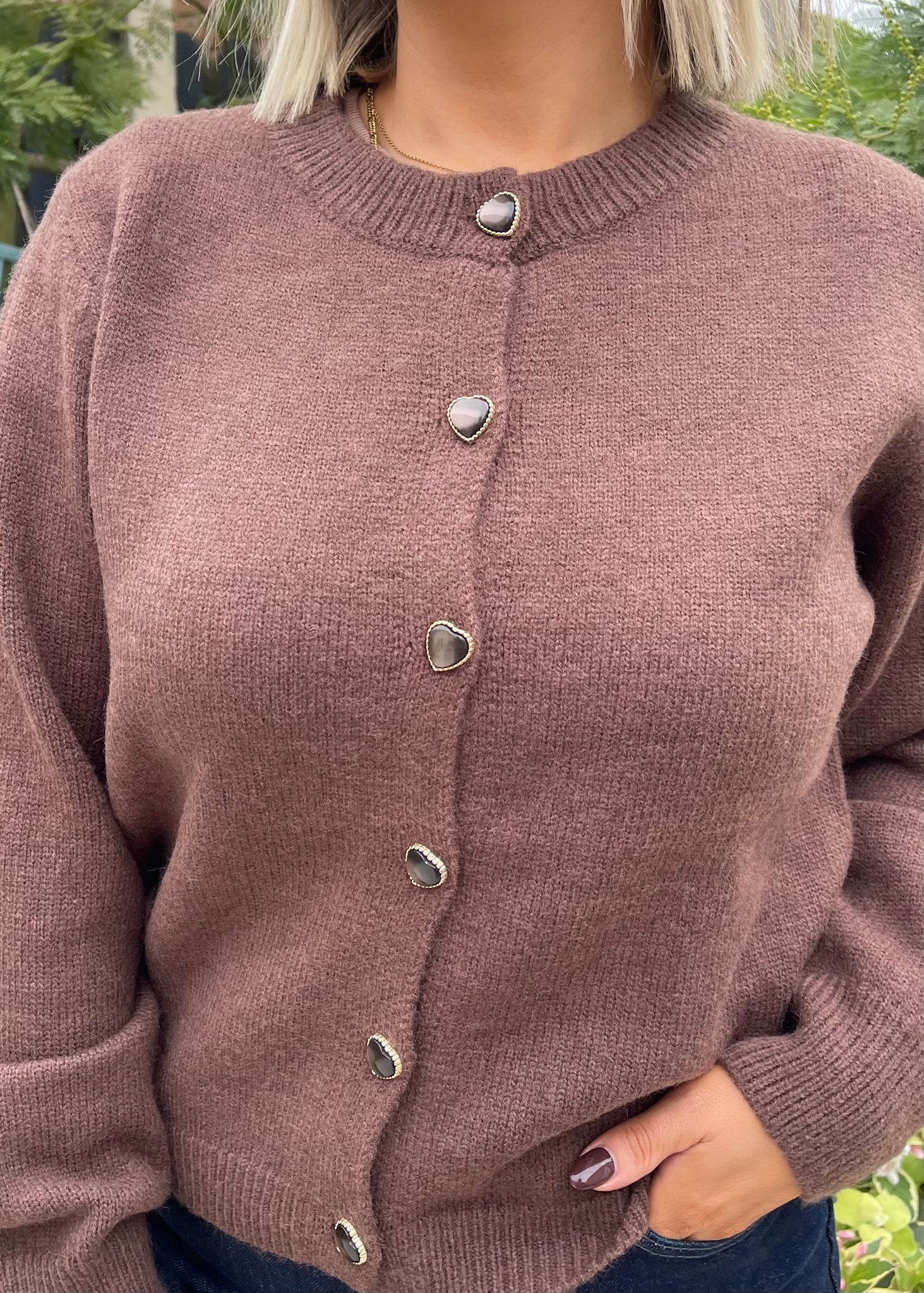 Caitlin Heart-Button Cardigan Brown