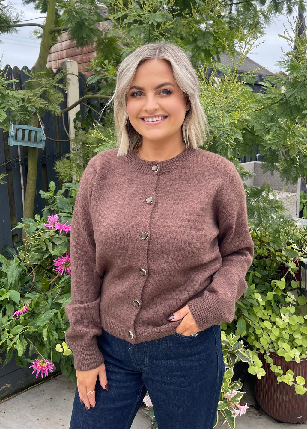 Caitlin Heart-Button Cardigan Brown