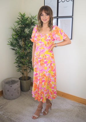 Pink and Yellow Printed Midi Dress