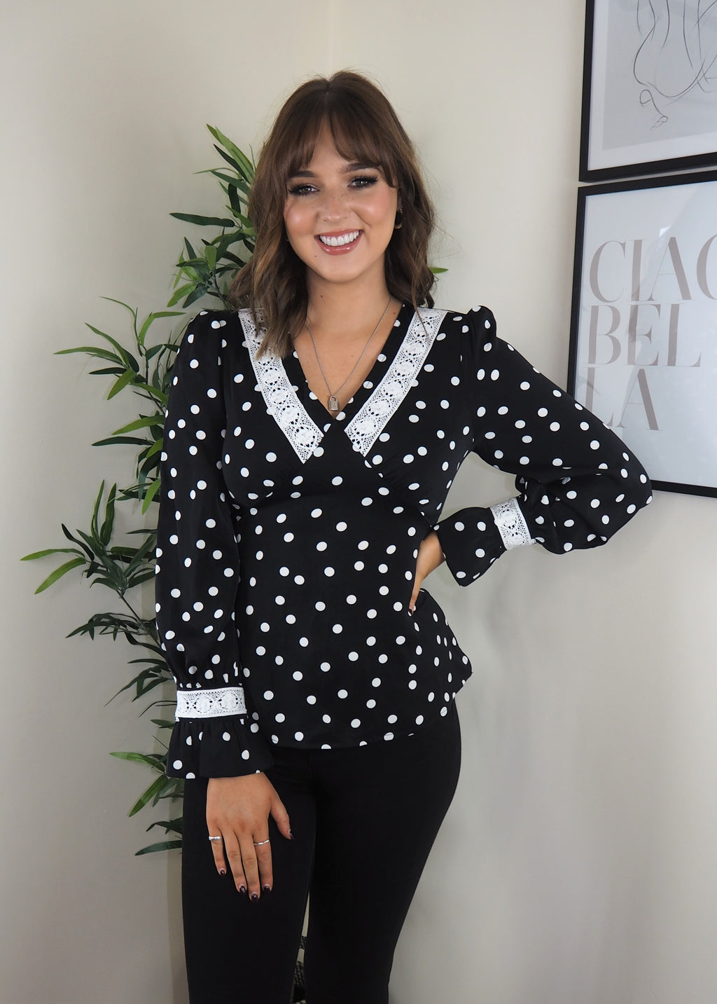 Black polka dot blouse with collar