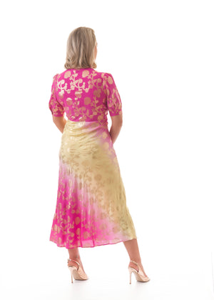 Gradient Pink & Yellow v-neck midi dress with gilding effect