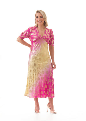 Gradient Pink & Yellow v-neck midi dress with gilding effect