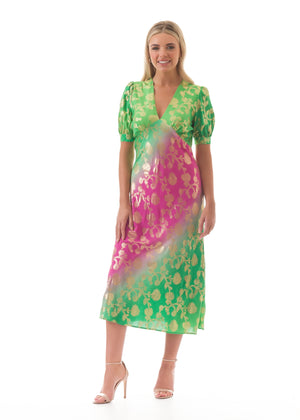 Gradient Green & Pink v-neck midi dress with gilding effect