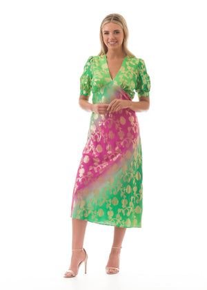 Gradient Green & Pink v-neck midi dress with gilding effect