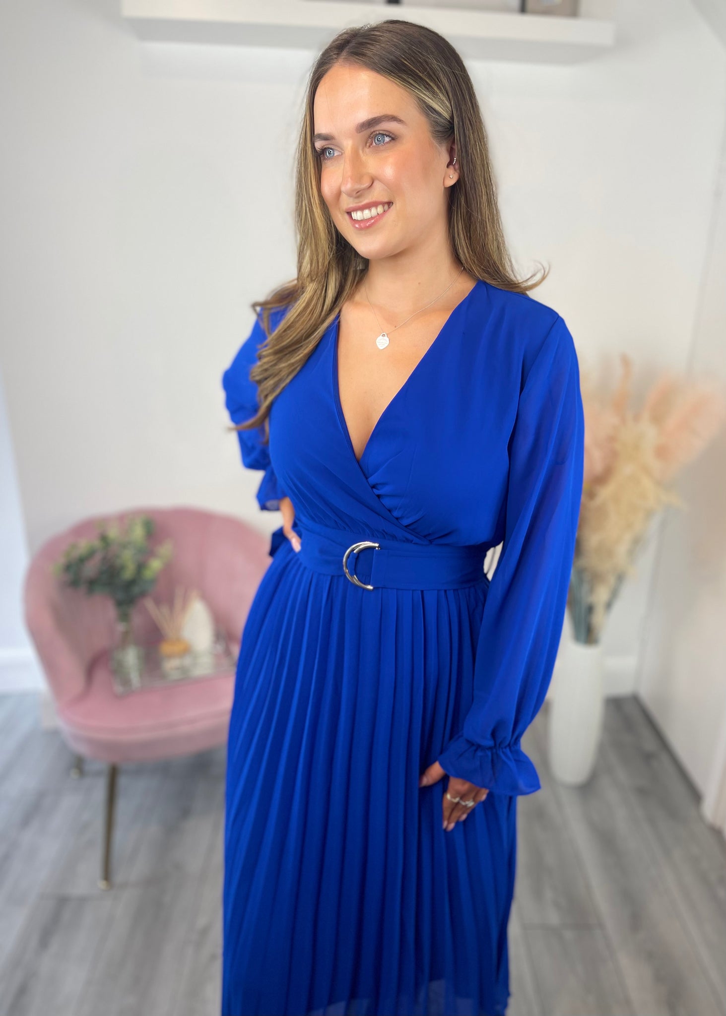 Cobalt Blue Pleated Midi-Dress with belt