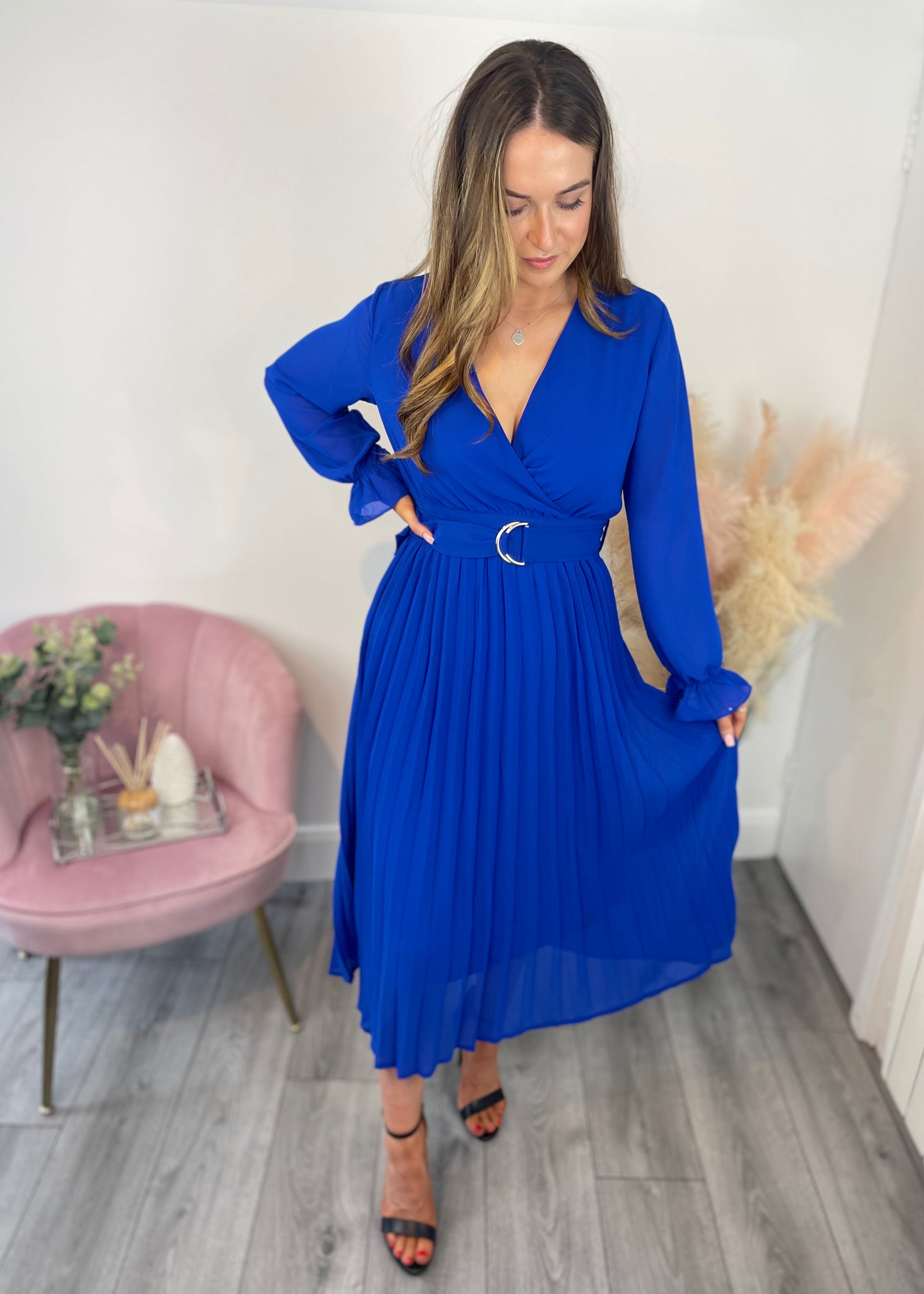 Cobalt Blue Pleated Midi Dress with belt Bobo Boutique